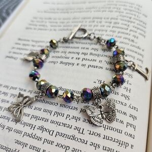 Multicolor Iridescent Bead Bracelet with Butterfly Charms - Women Jewelry